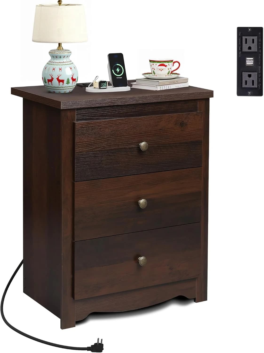 WLIVE Tall Nightstand with Charging Station, Wood Night Stand with 3 Drawers Storage, Bedside Table End Side Tables with