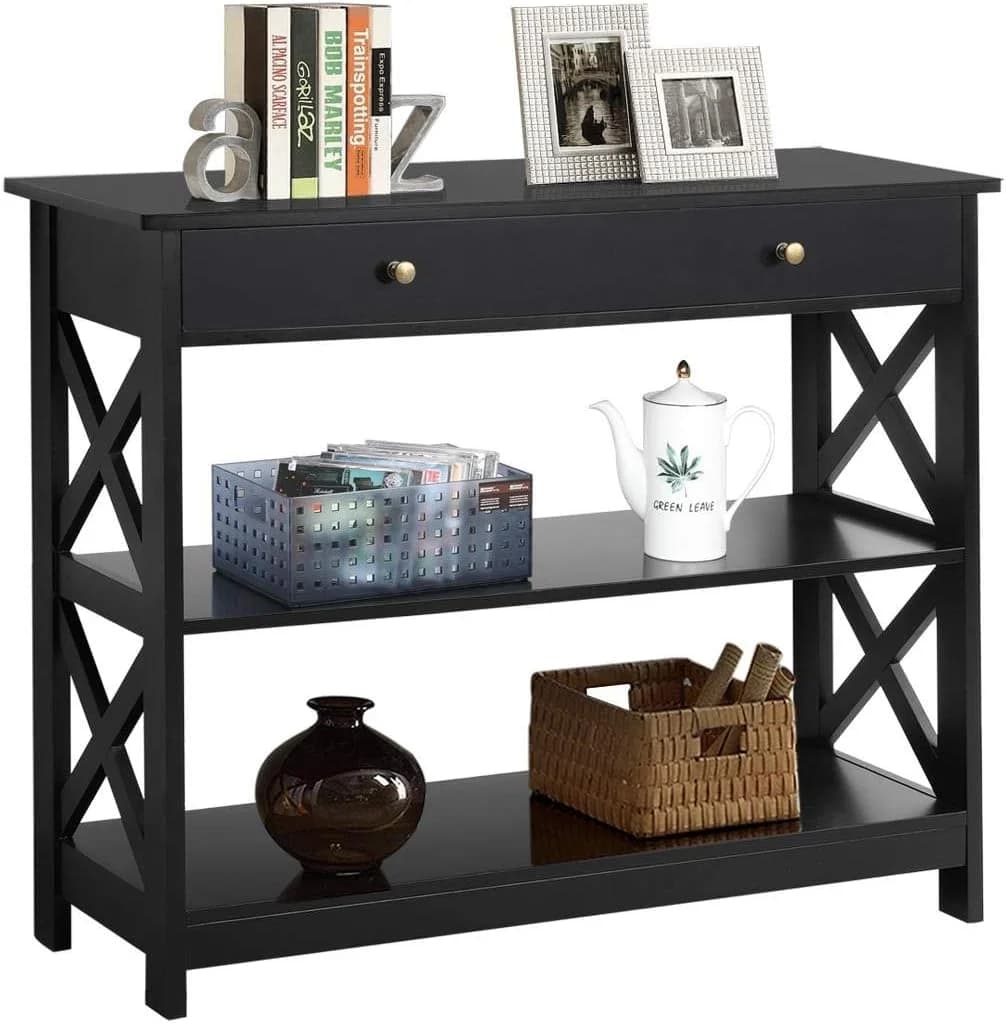 Yaheetech Narrow Entryway Console Table with Drawer, Storage Shelf, Black