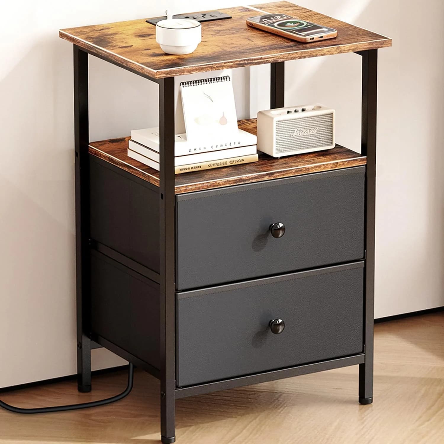 Nightstand with Charging Station, Bedside End Table with 2 Fabric Drawers for Bedroom, Side Table with USB Ports and Out