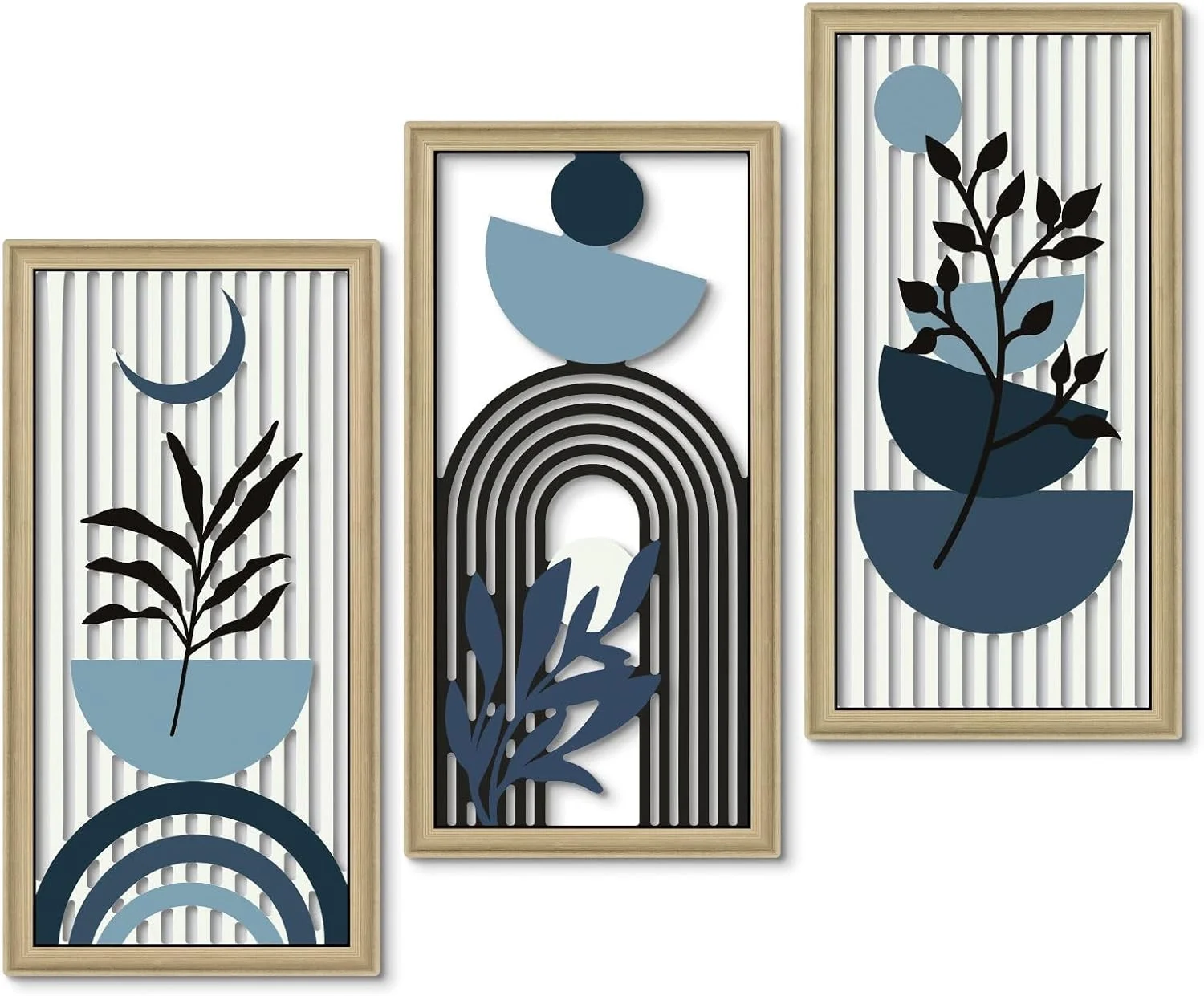 Putuo Decor Boho Abstract Wall Art, Set of 3, Modern Botanical Wooden Wall Decor, Blue Mid-Century Minimalist Framed Art