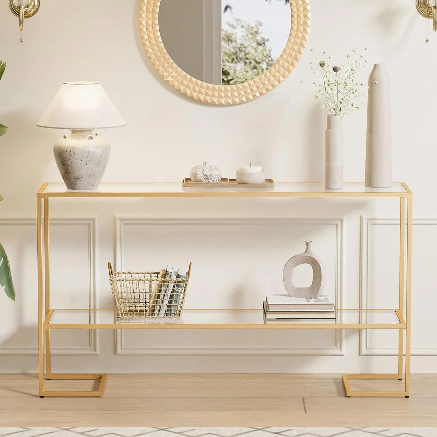 Cozy Castle 52" Entryway Table, 2-Tier Narrow Console Table with Tempered Glass & Sturdy Metal Frame, Modern Sofa Table