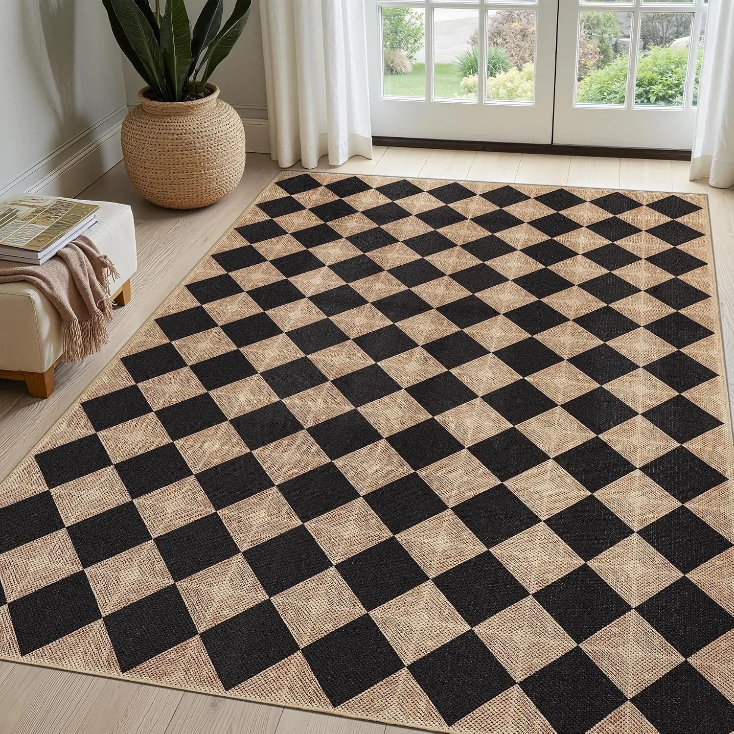 5x7 Checkered Easy Jute Rug – Washable Non-Slip Indoor Outdoor Carpet, Black Textured Diamond Pattern, Neutral Area Rug