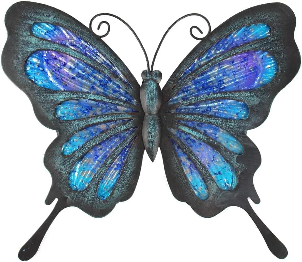 HONGLAND Metal Butterfly Wall Decor Outdoor Indoor Art Sculpture Hanging Glass Decorations Blue for Home Garden Bedroom