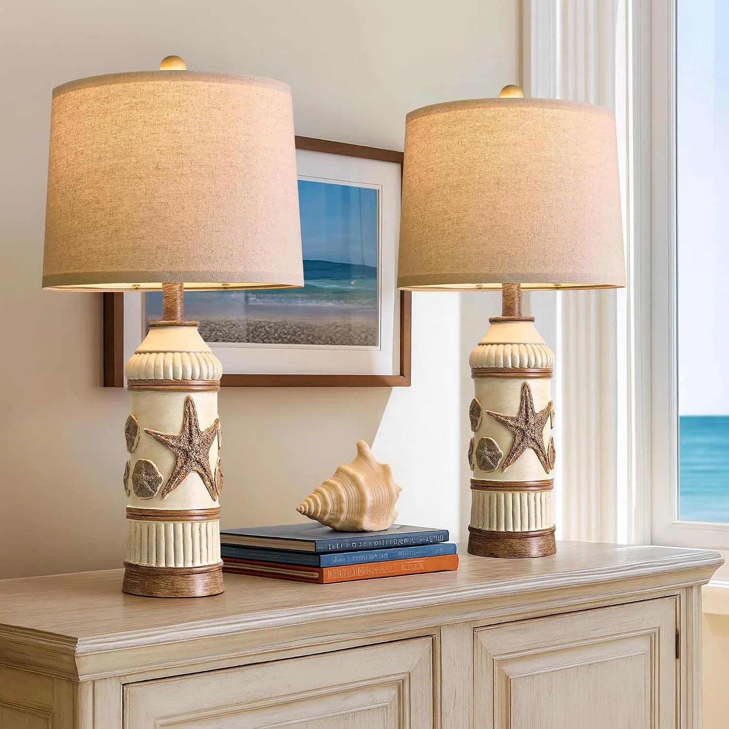 OYEARS 24" Table Lamps Set of 2,Boho Table Lamps for Living Room,Bedside Lamp for Nightstands,Coastal Nautical Lamp with