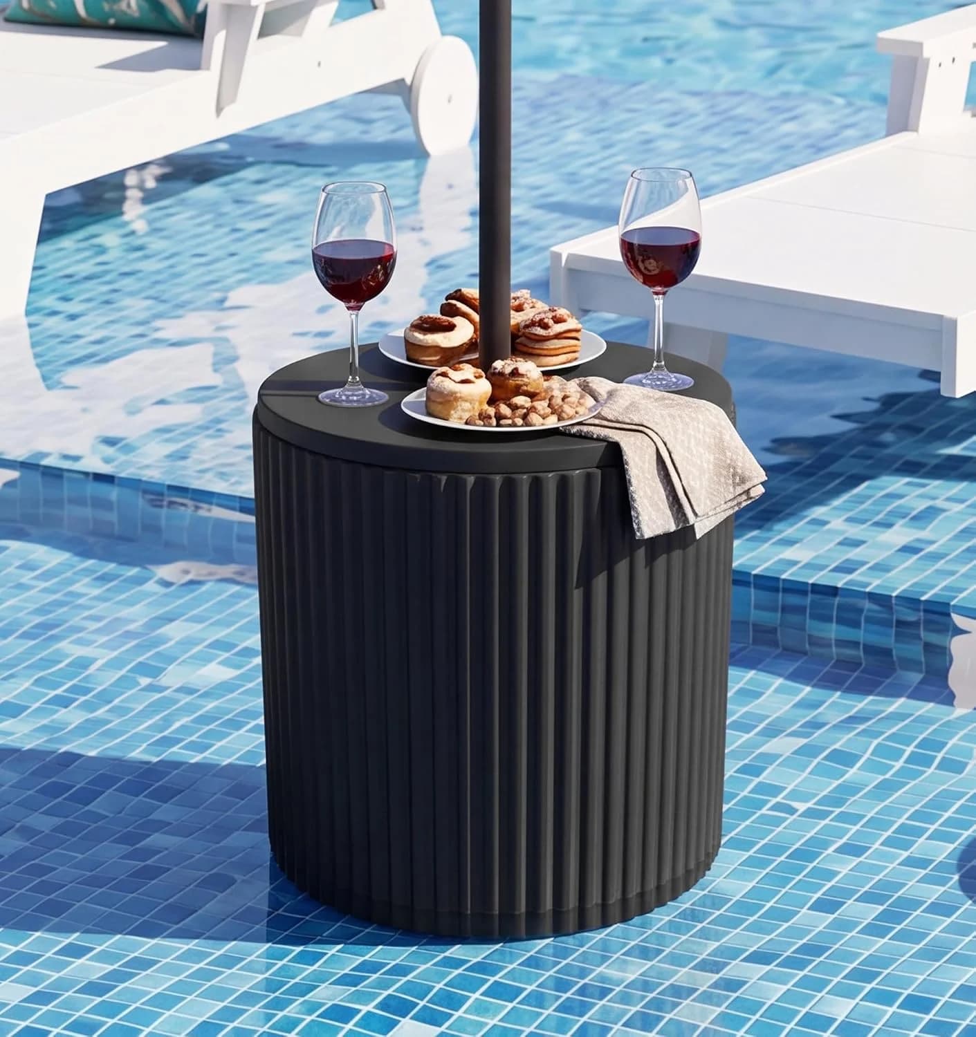 SERWALL Outdoor Round Umbrella Side Table,3-in-1 Multi-Functional Use,Black