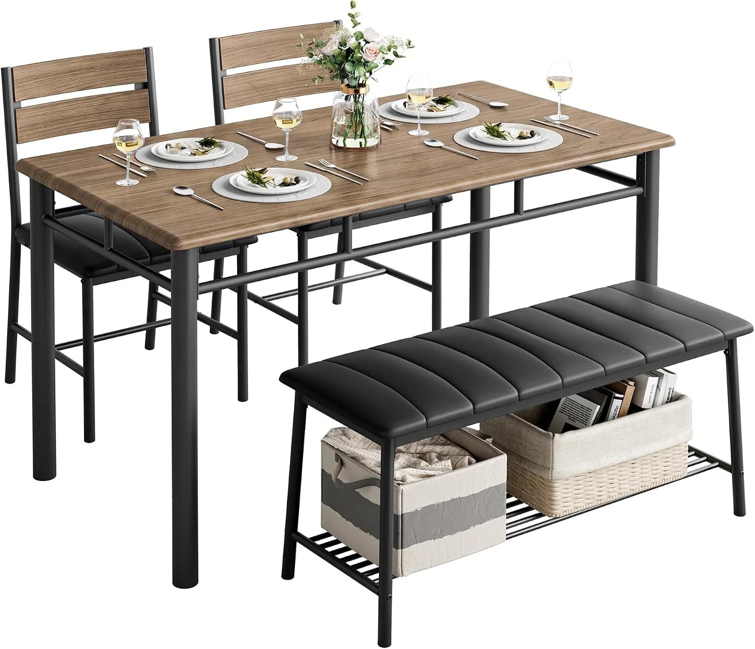 IRONCK Dining Table Set for 4, Kitchen Table and Chairs Set, Walnut