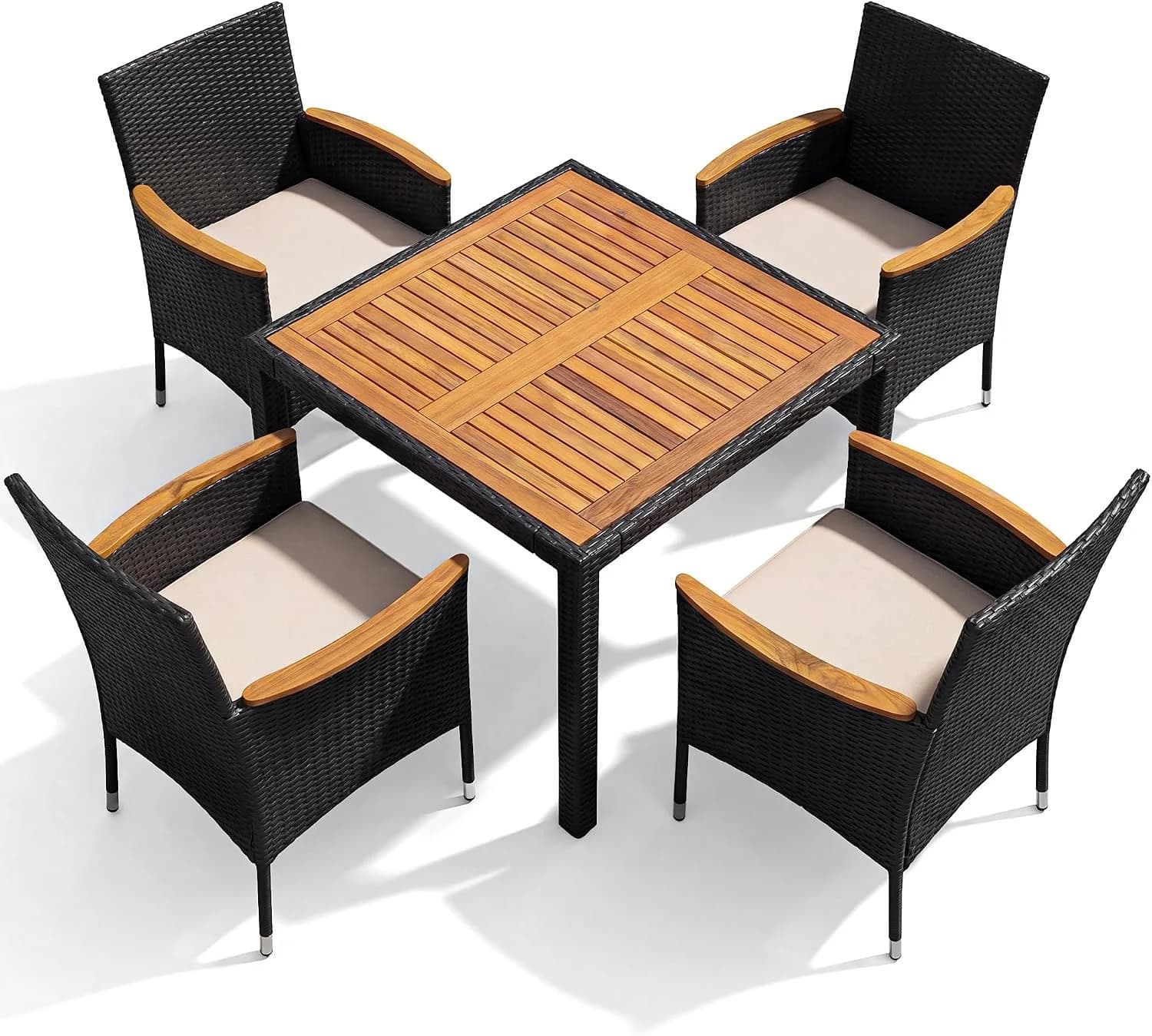 Devoko 5 PCS Acacia Wood Patio Dining Set, Black Rattan