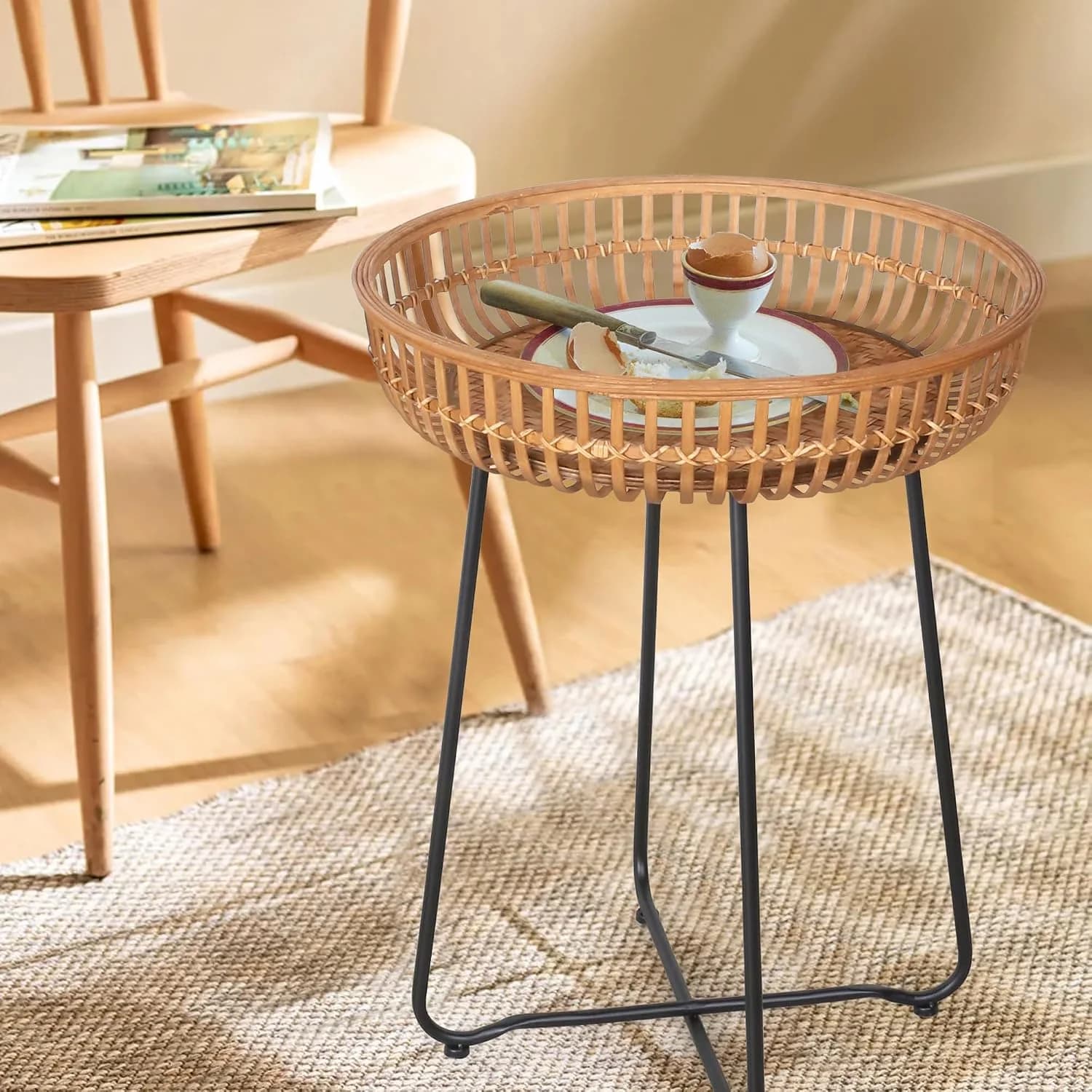 Oakrain Small Side Table, Boho Coffee Table, Bamboo&Rattan, DrinkTable with Boho Style, for Balcony, Living Room, Bedroo