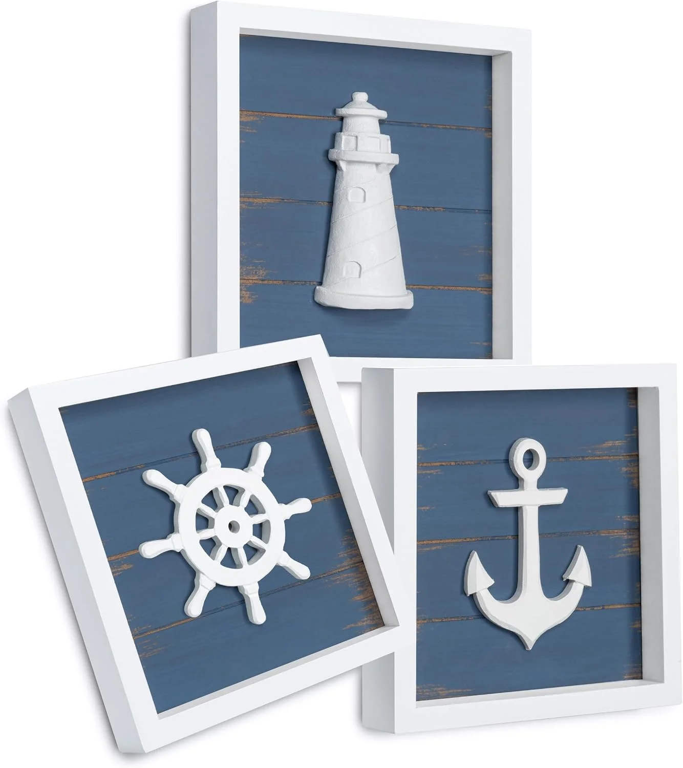Tide and Tales 3d Nautical Wall Decor, Bathroom Wall Art, Set of 3, Blue
