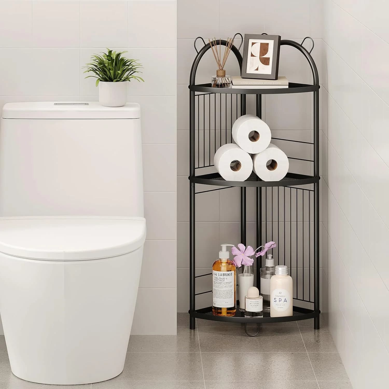 Corner Bathroom Shelf Metal Short Corner Stand Shelf Black Small Bathroom Storage Corner Shelf Unit for Toilet Shower Ro