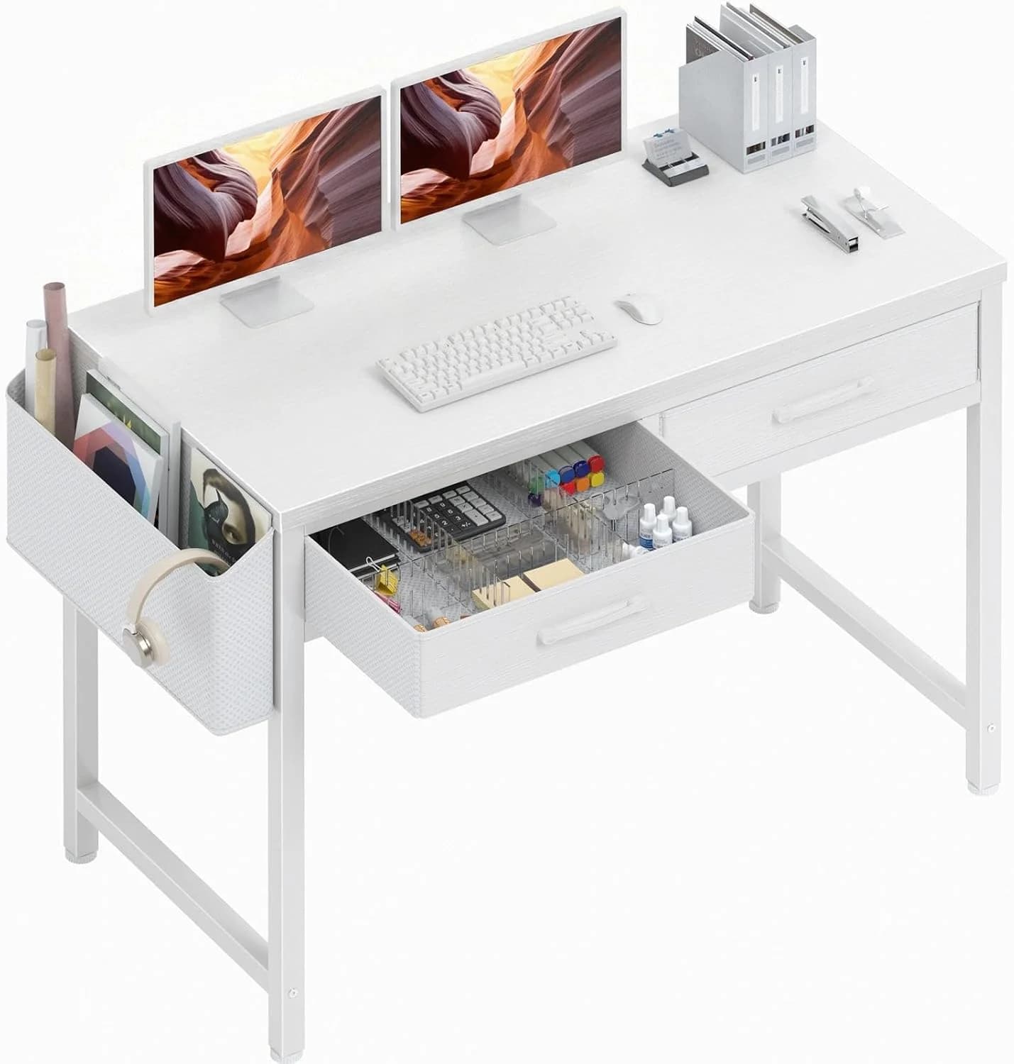 DLisiting White Desk with Storage Drawers - 39 Inch Small Computer Desk with Drawers for Bedroom Home Office, Study Writ