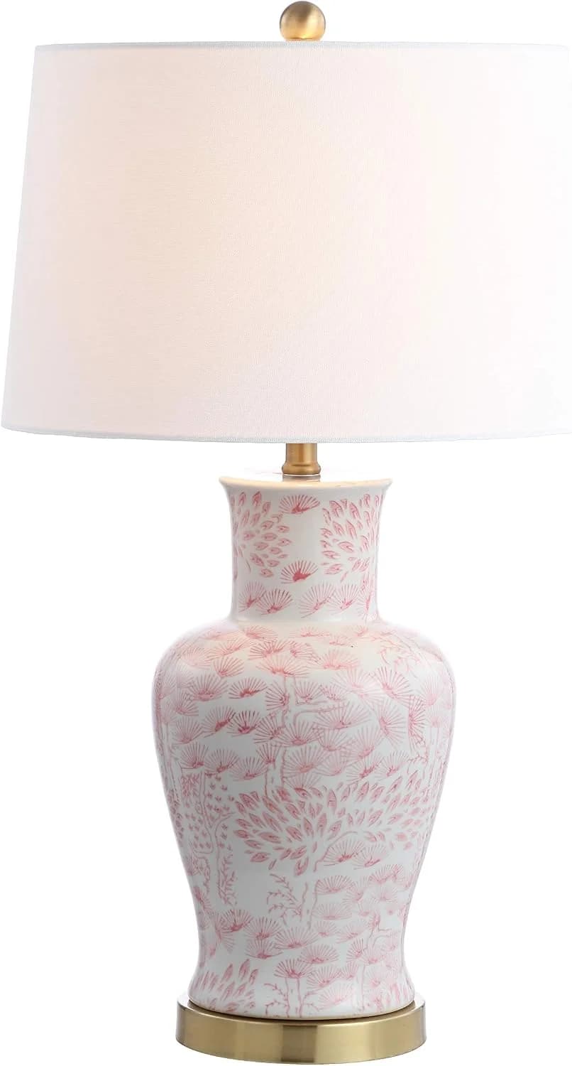 SAFAVIEH Lighting Collection – Calli Set of 2 Pink & White Chinoiserie Ceramic Table Lamps with Brass Gold Accents, 28-I