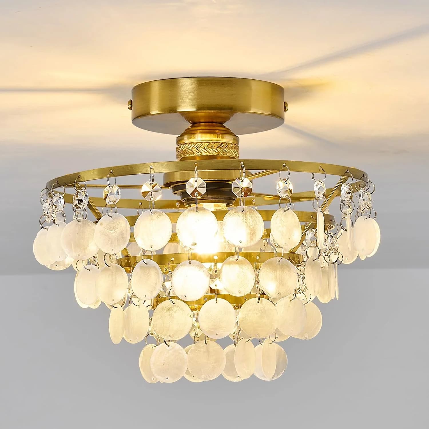 YYJLX Capiz Shell Ceiling Light,Modern Gold Semi Flush Mount Chandelier with Crystal & Natural Seashell, Small Coastal C