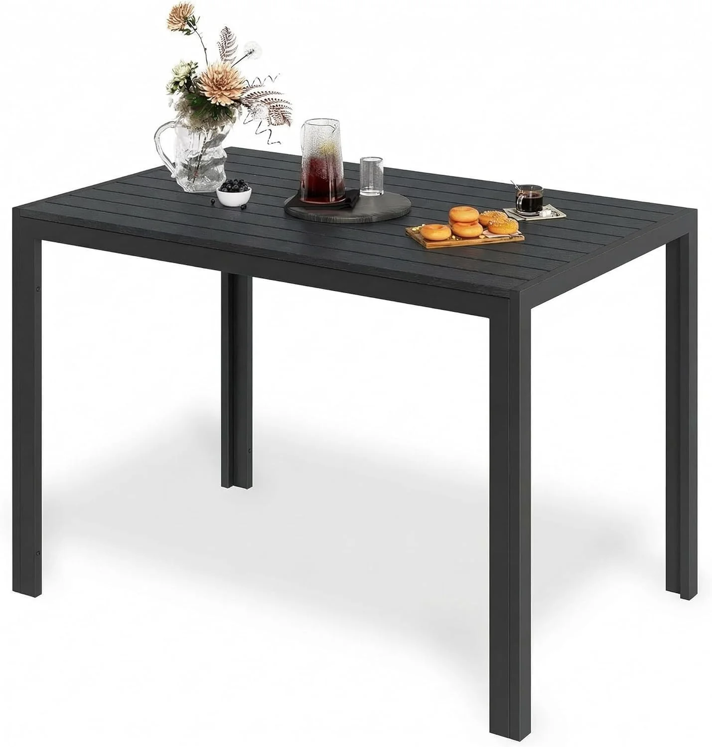 LIFERUN Outdoor Patio Dining Table, Wood-Like Top Aluminum Frame Table