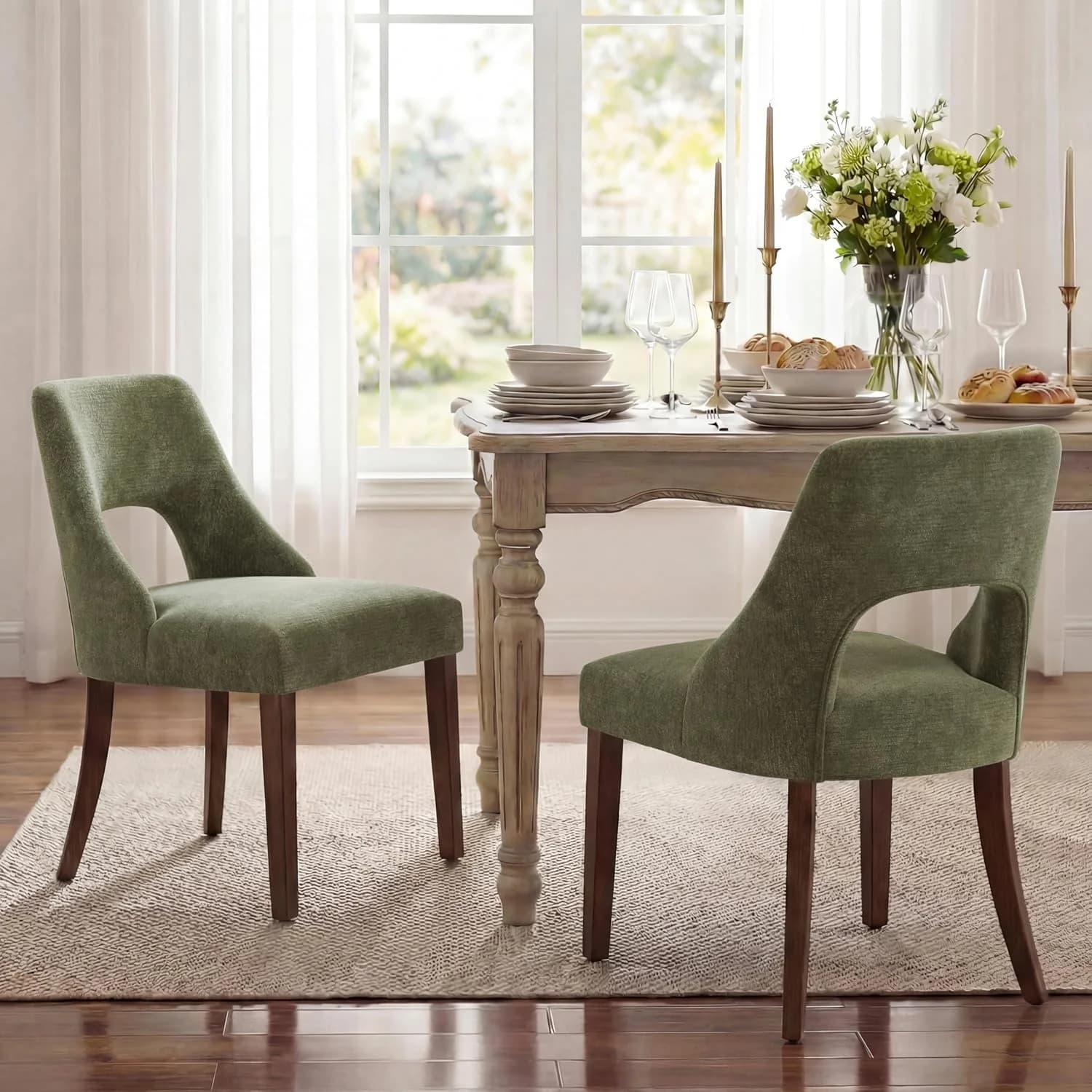 UVV Wooden Dining Chairs Set of 2, Mid Century Modern Chenille Upholstered Dining Room Chair Kitchen Chairs, Farmhouse D