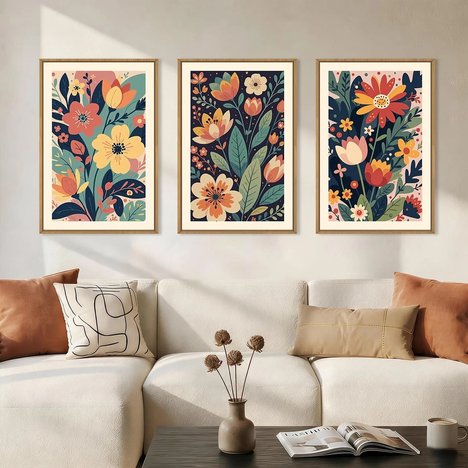 KAIRNE Vintage Colorful Floral Framed Canvas Wall Art Set,Mid Century Modern Flower Wall Decor,Retro Wildflower Art Prin