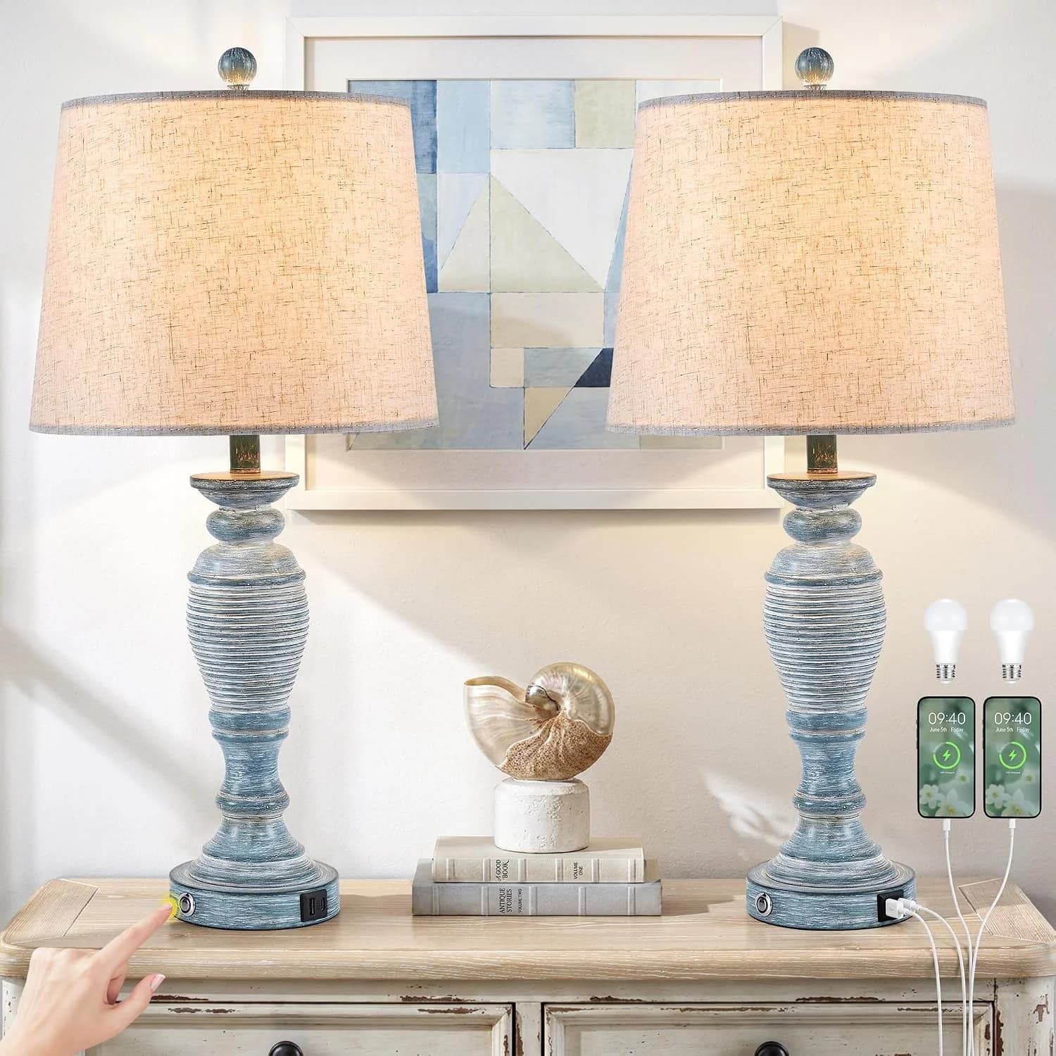 Farmhouse Table Lamps for Living Room, Touch Control, Set of 2
