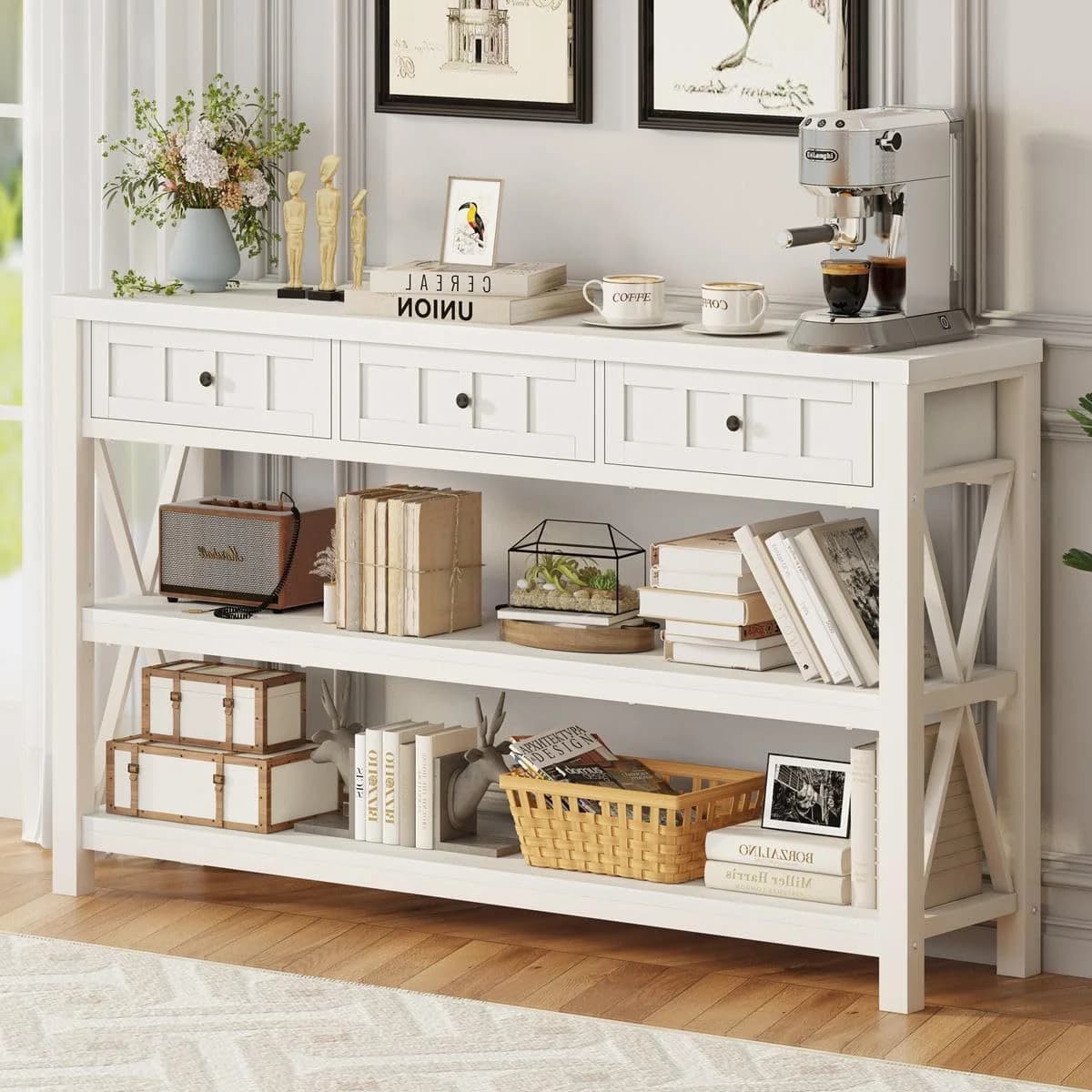 FATORRI Console Table for Entryway, Wood and Metal Sofa Table with 3 Drawers for Living Room, Farmhouse Hallway Tables a