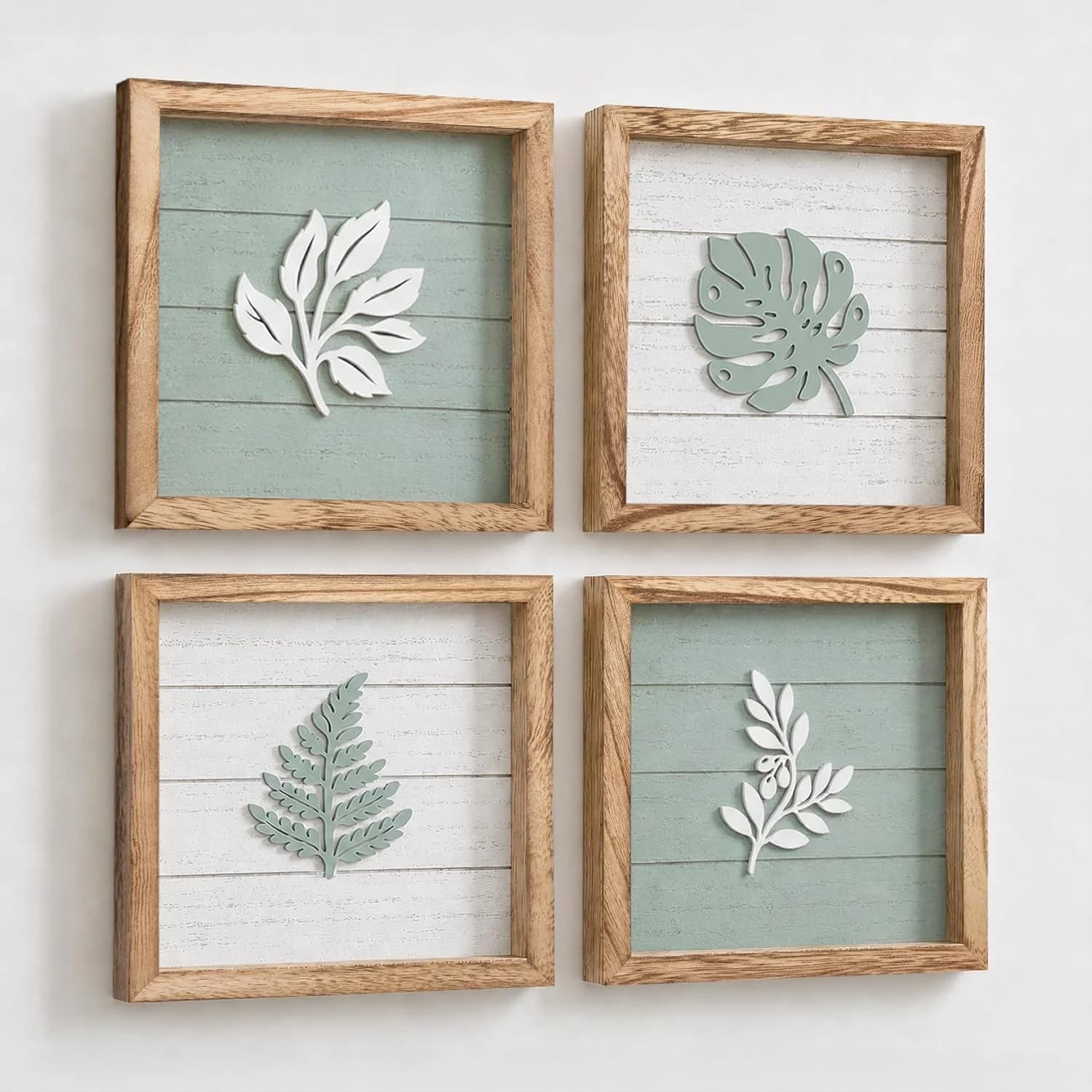 Tide and Tales Leaves of Meaning 3D Sage Green Wall Art (Set of 4) Framed Boho Wall Art for Living Room, Bedroom & Bathr