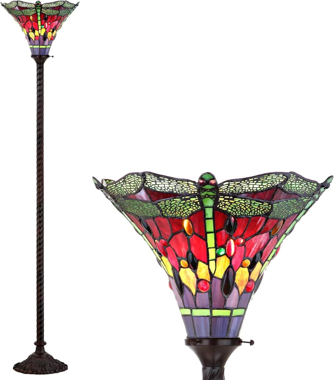 JONATHAN Y Dragonfly Tiffany Style Torchiere Floor Lamp 71", Bronze/Green