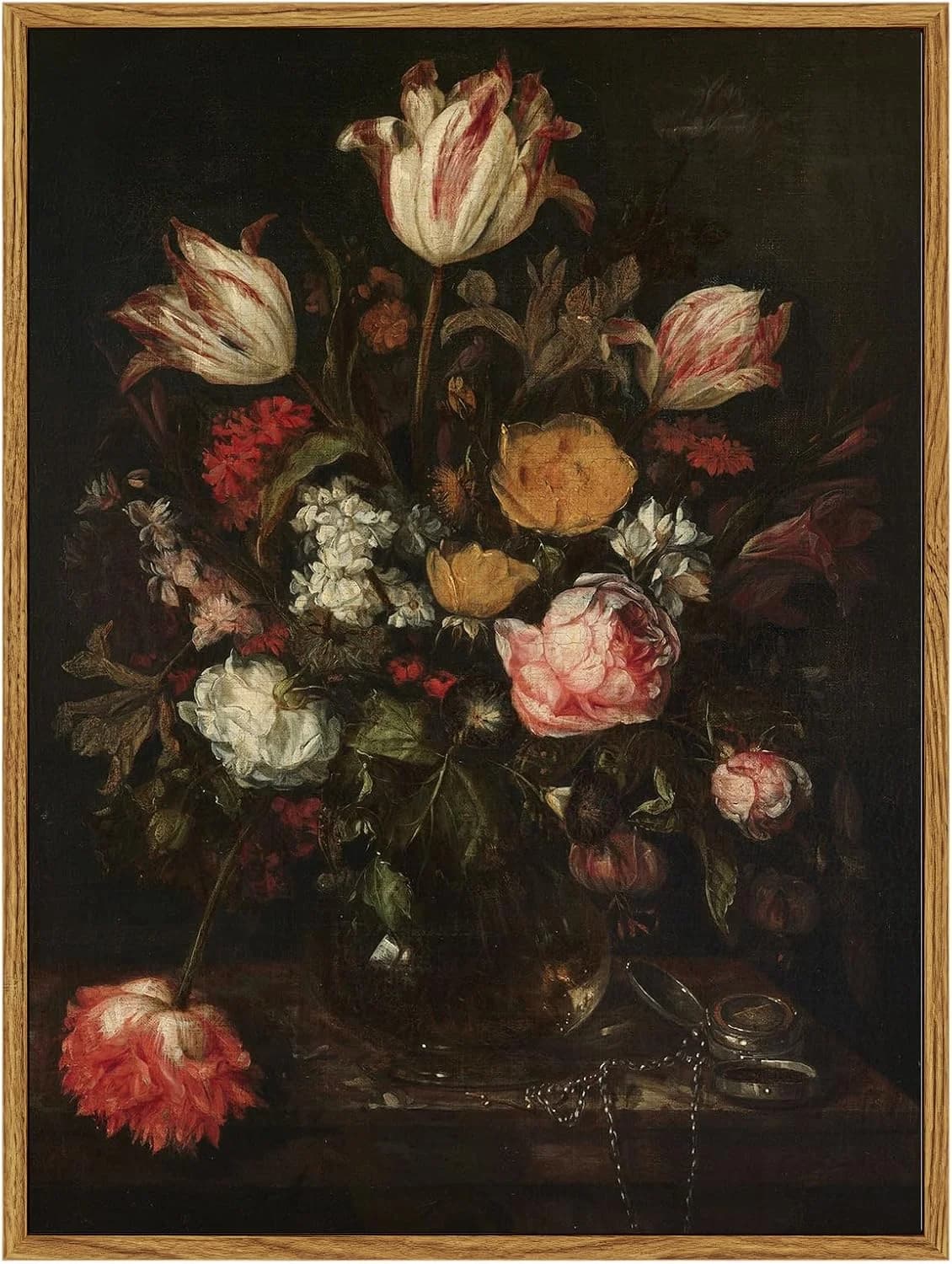 ARPEOTCY Vintage Framed Floral Wall Art Decor, Bathroom Dark Flower Bouquet Retro Wall Decor, Canvas Prints Art, Bedroom