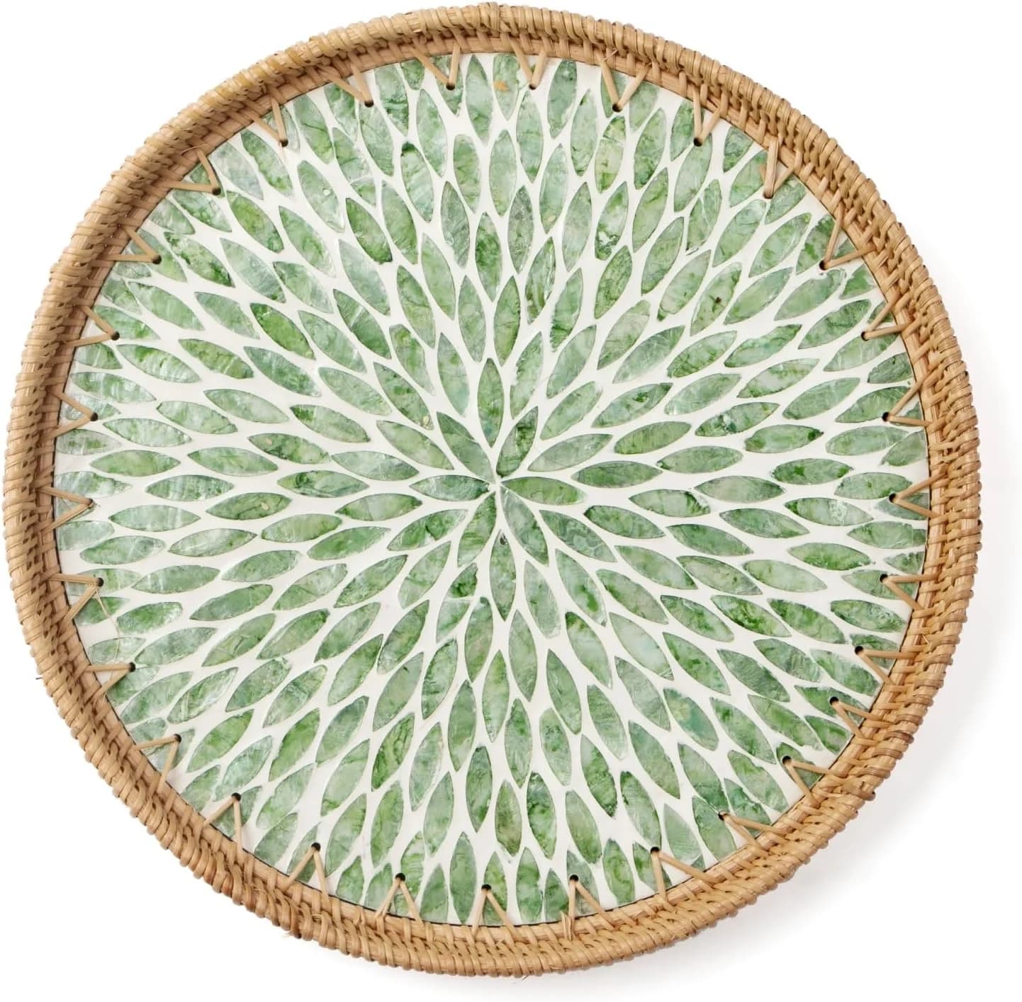 Round Rattan Tray with Mother of Pearl Inlay, Wooden Base