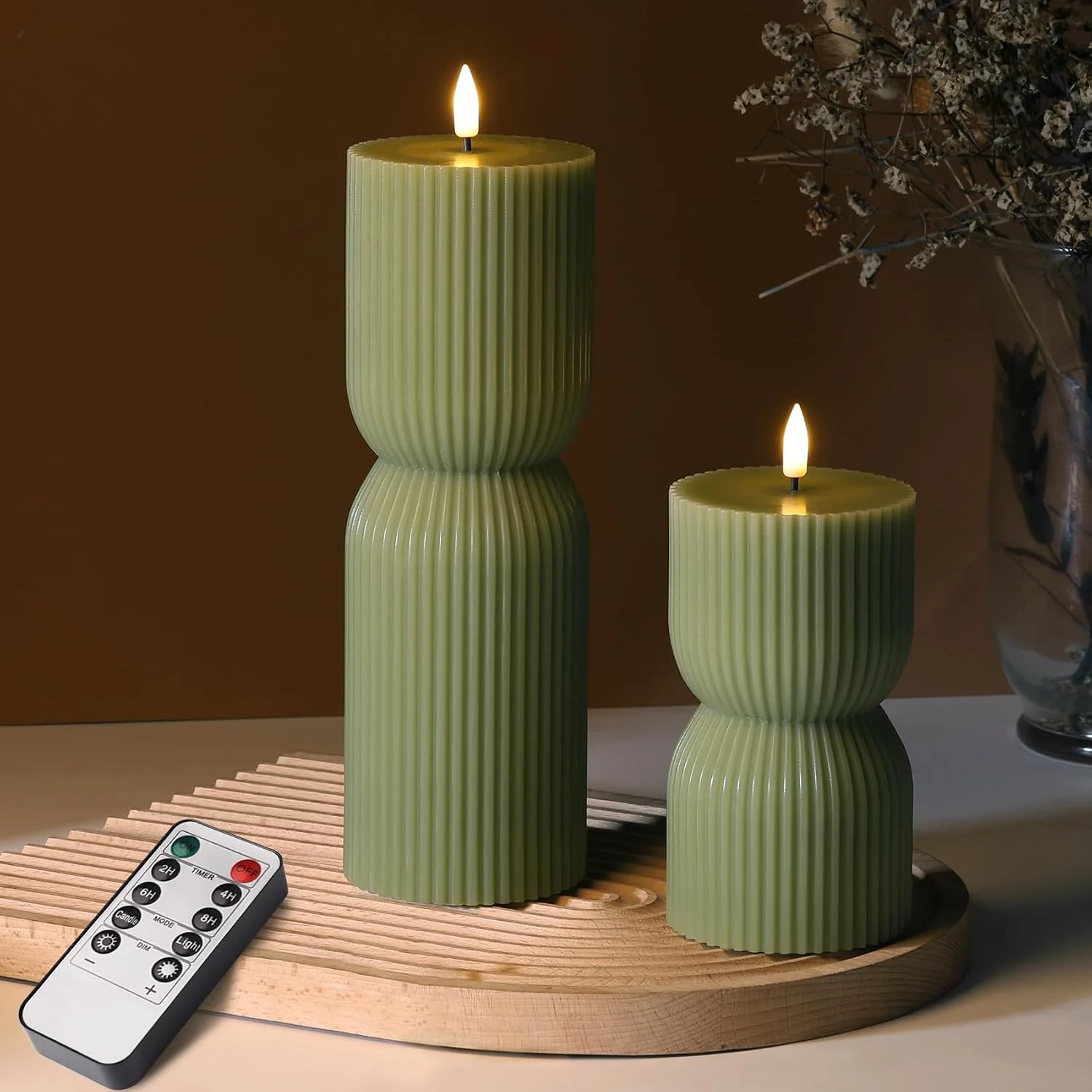Olive Green Ribbed Flameless Pillar Candles with Remote Set of 2