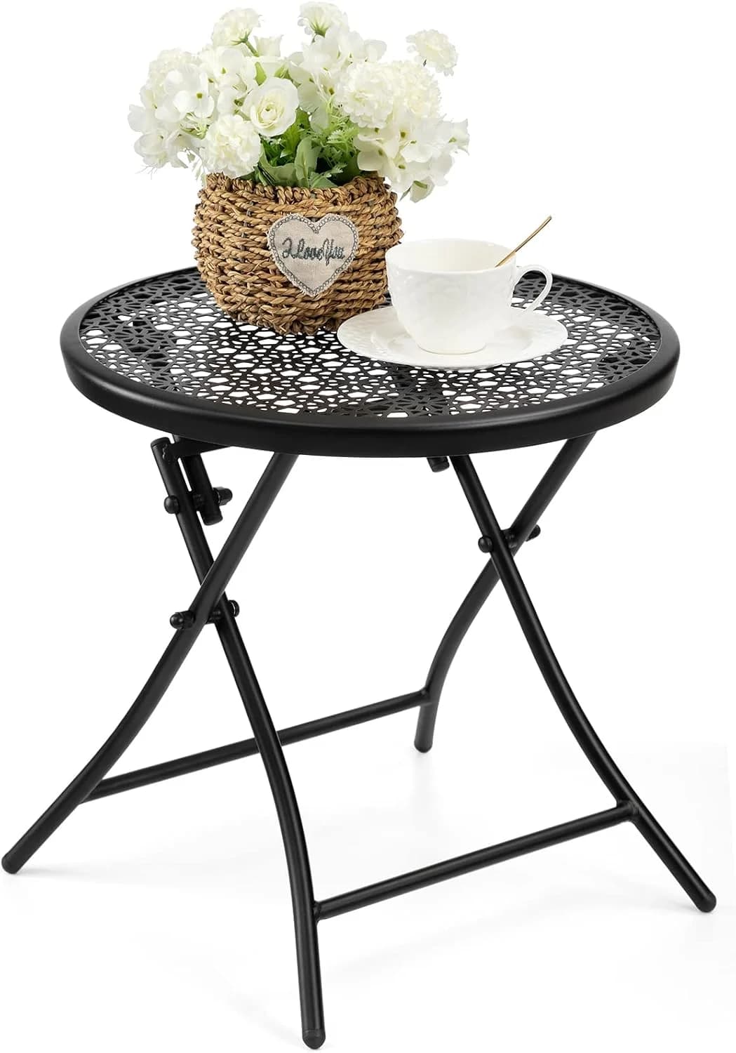 TeoKJ Folding Small Outdoor Side Table, No Assembly Metal Desk, Black x 2