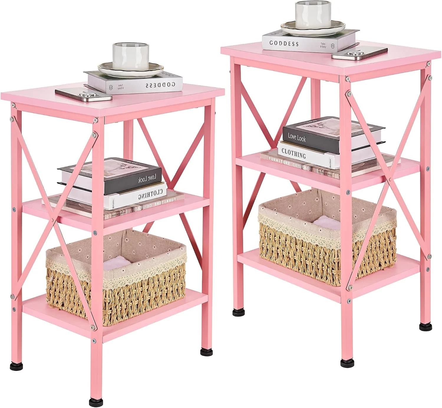 VECELO End Table Set of 2, Bedside Table, 24" Tall Living Room End Tables, X-Design Reinforced Nightstands, Side Table w
