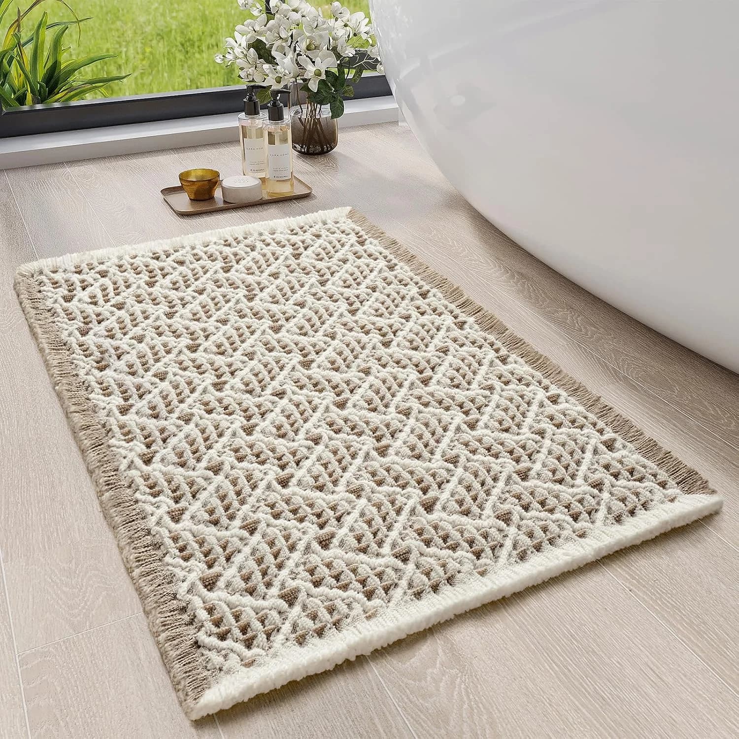 Waffle Bath Mat, Extra Soft Boho Bathroom Rugs, 16x24 Brown