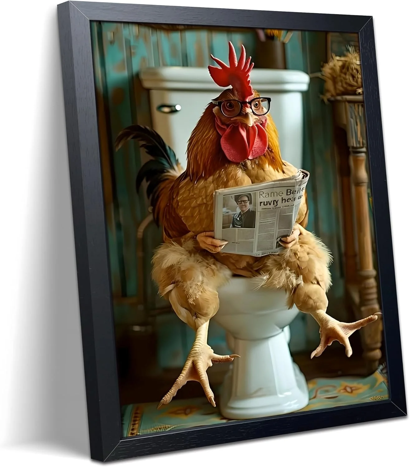 Funny Chicken Bathroom Wall Art, Framed Canvas Print, Rooster Sitting on Toilet Reading Newspaper with Glasses, Humorous