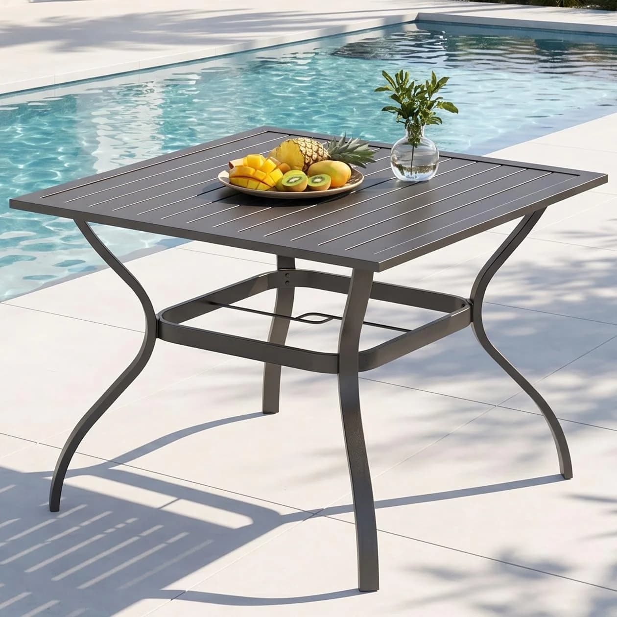 PHI VILLA Patio Table w/Umbrella Hole, Black Metal Dining Table for 4