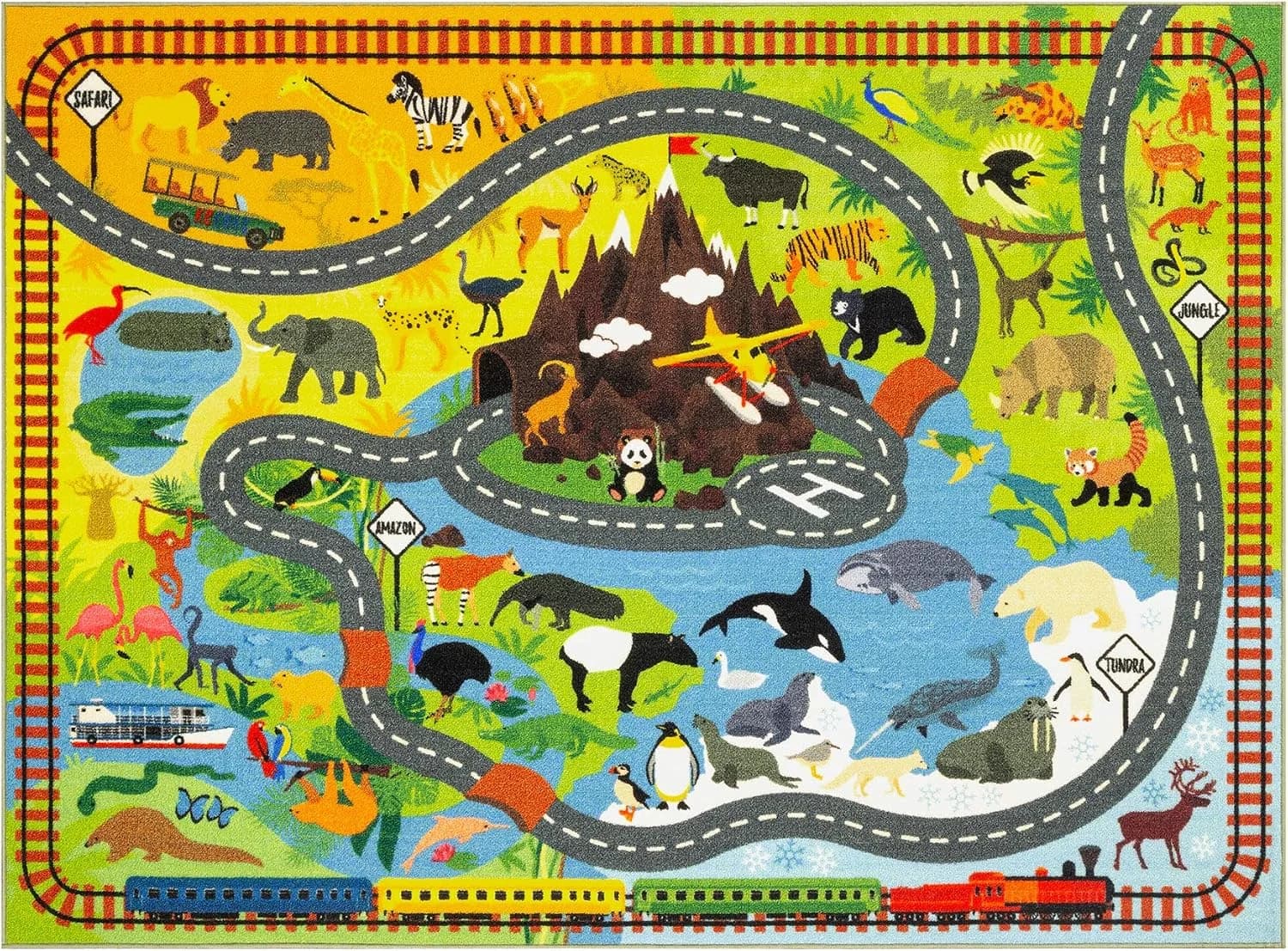 KC Cubs 5x7 Animal Safari Toy Car Road Rug – Educational Play Mat Carpet for Kids, Toddlers, Nursery, Classroom, Playroo