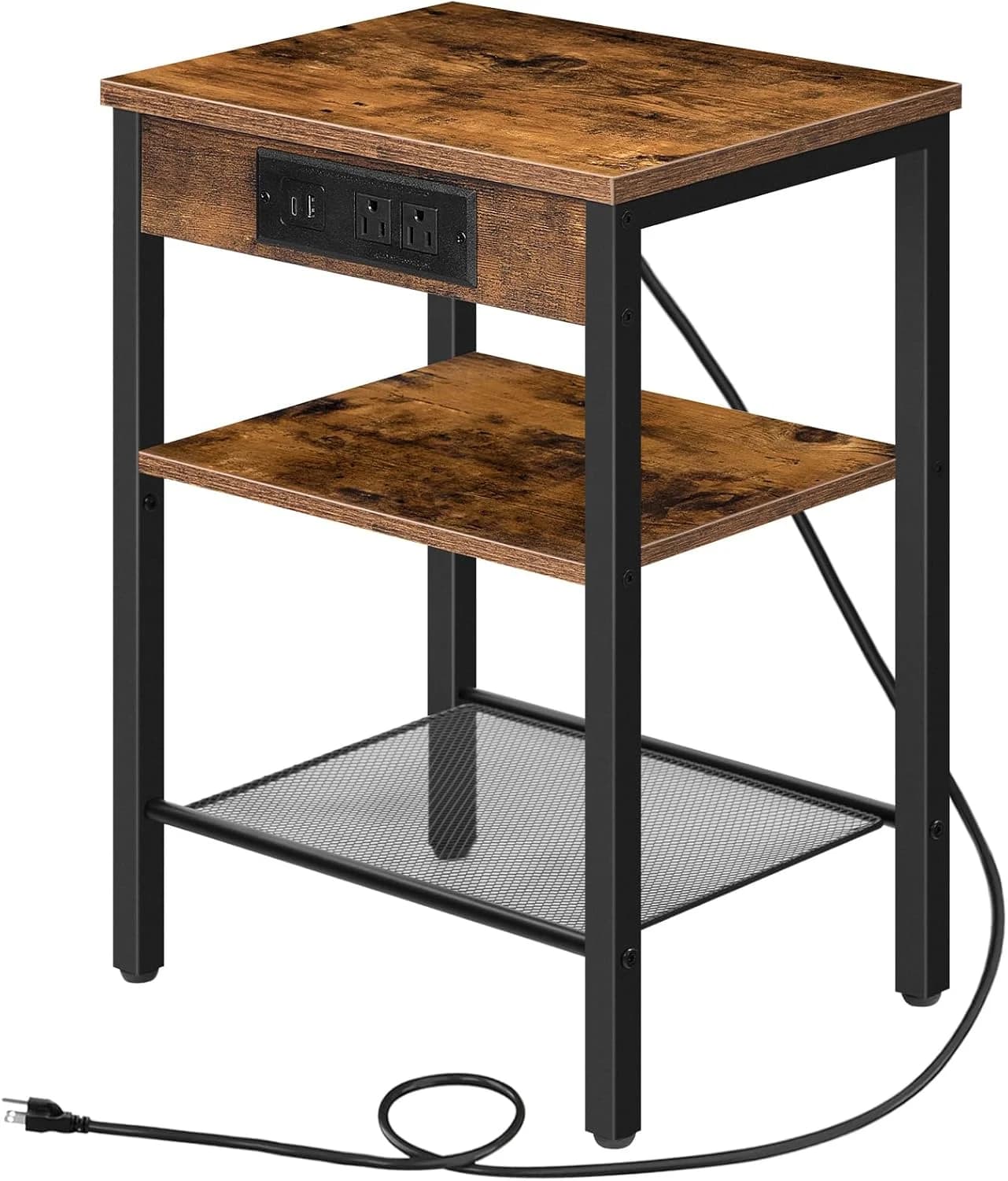 HOOBRO Side Table with Charging Station and USB Port, Small End Table for Small Space, 3-Tier Nightstand with Adjustable