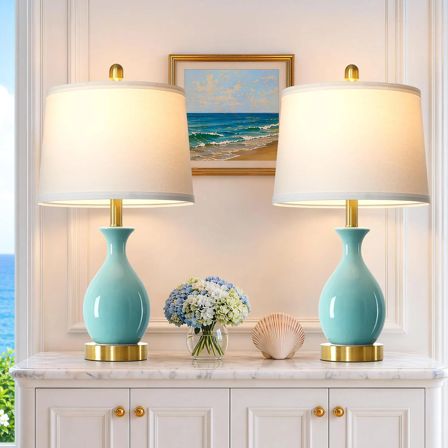 24" Aqua Blue Ceramic Table Lamps Set of 2, Modern Classic Bedside Lamps for Bedroom Nightstand, Small Table Lamp for Li