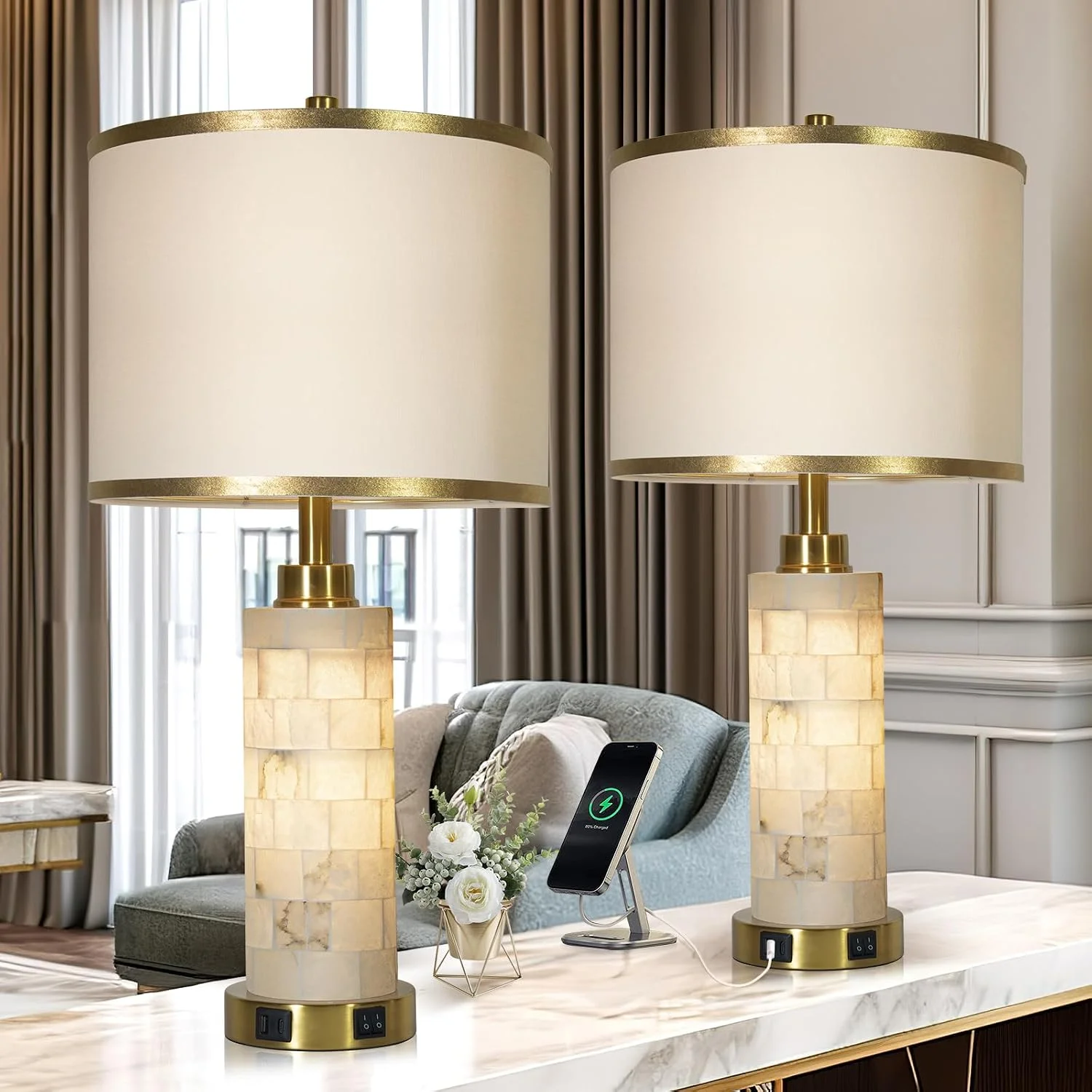 KIVDITZO 27" Alabaster Table Lamps Set of 2 for Living Room Bedroom