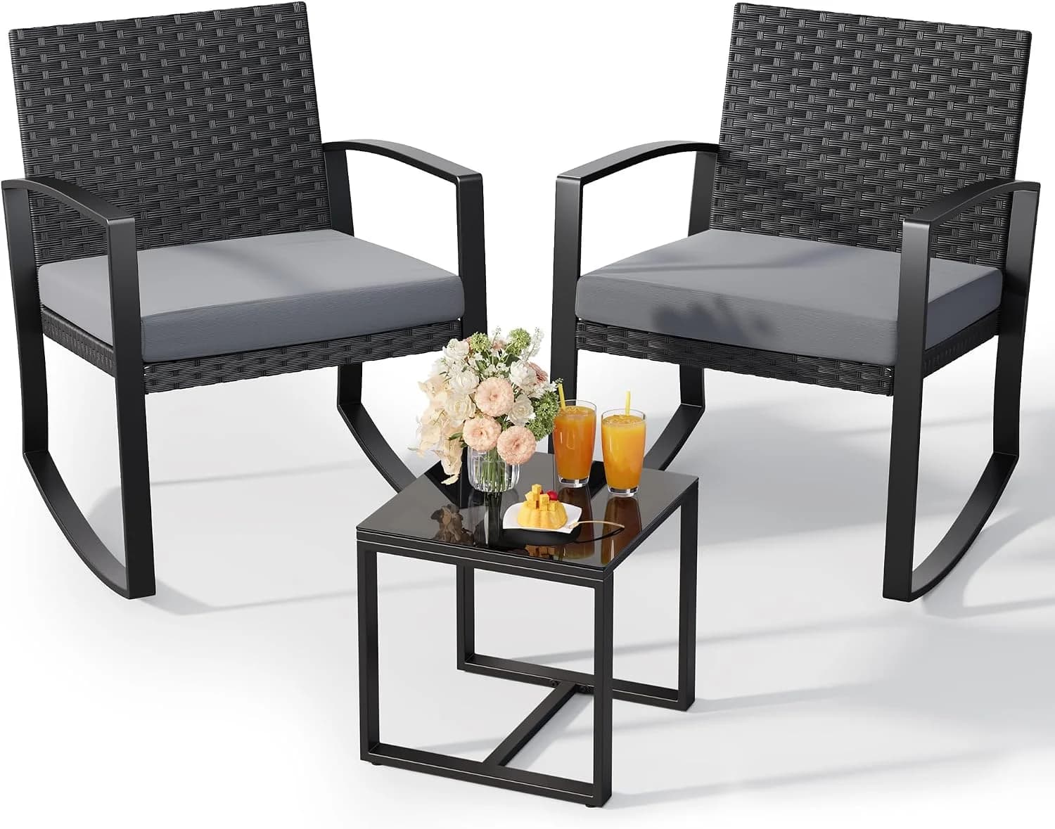 Qsun 3 Pieces Patio Furniture Set Rocking Bistro Set Outdoor Rattan Conversation with Coffee Table for Garden Balcony Ba