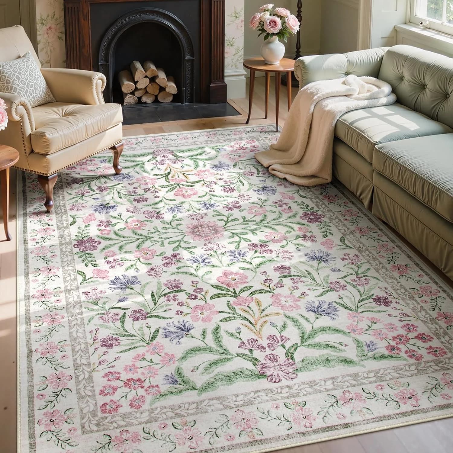 Wonnitar Floral Purple Rug for Bedroom, Washable 5x7 Area Rugs for Dorm, Boho Soft Non Slip Ultra-Thin Indoor Floor Carp