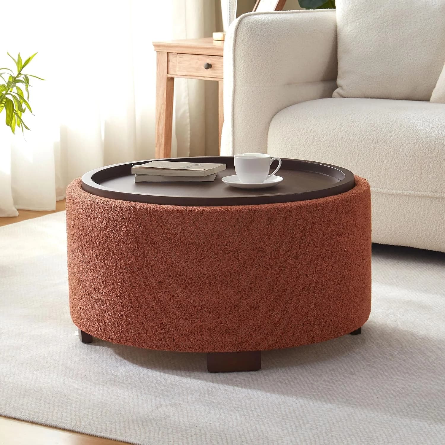 Zihanhome 30 Inch Round Storage Ottoman, Ottoman Coffee Table with Lift Off Lid, Boucle Modern Ottomans with Storage for