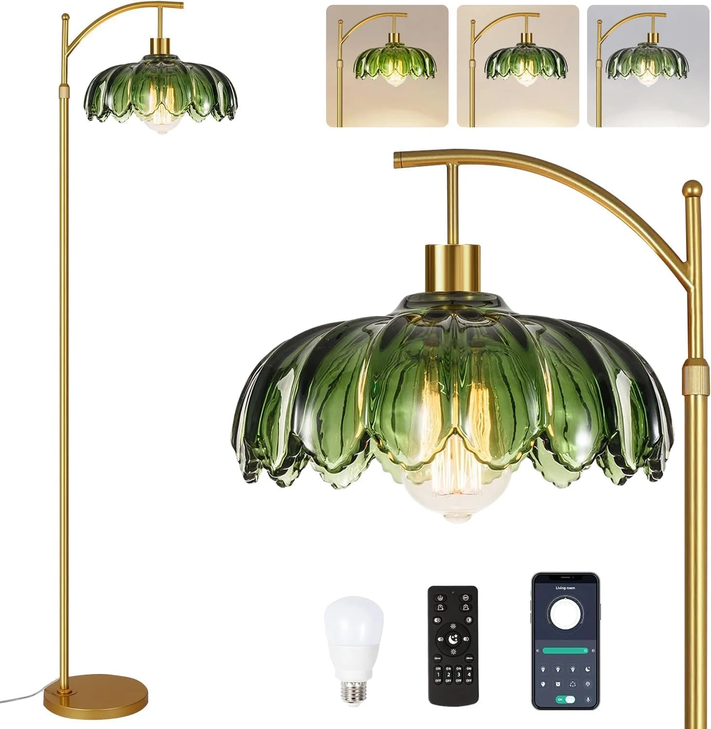 Glass Floor Lamp for Living Room,Bedroom,Mid Century Modern Standing Lamp with Remote,Dimmable Gold Tall Lamp Green Vint