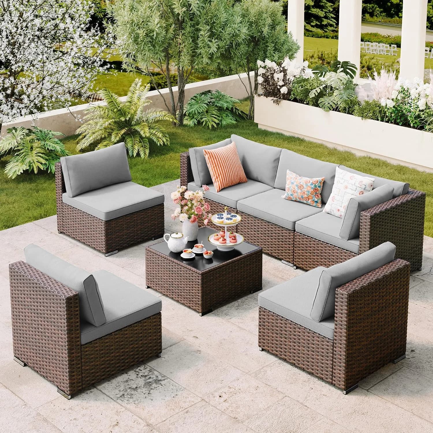 Qsun 7 Pieces Outdoor Patio Furniture Set, PE Rattan Outdoor Wicker Sectional Furniture Sofa Set, with Cushions and Glas