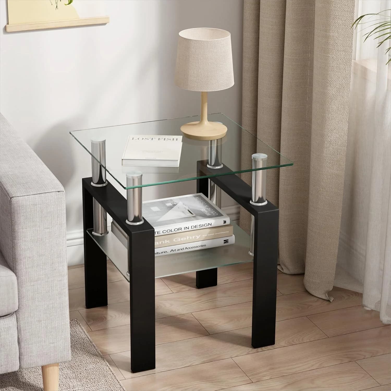 Glass Side Table, 2-Tier Tempered Glass Top Corner Table