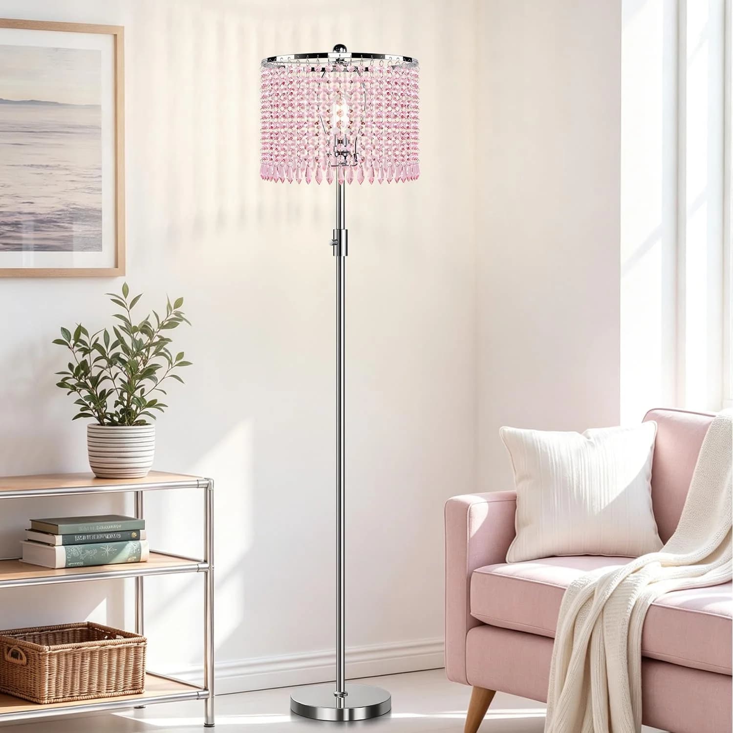 【Upgraded】 Dimmable Crystal Floor Lamps for Living Room with Chandelier Lampshade, Standing Lamp with Knob Switch, Tall