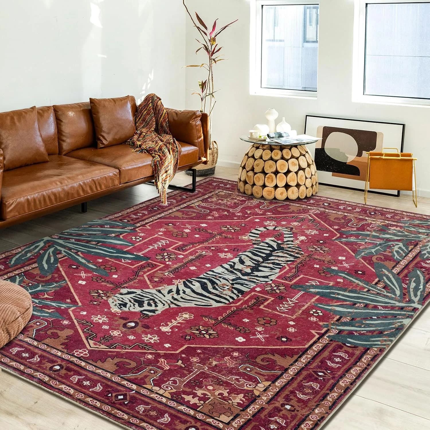 Tribal Rugs Summer Tropical 5x7 Area Rugs Wine Red Traditional Boho Vintage Oriental Rug Carpet for Bedroom Kitchen Dini