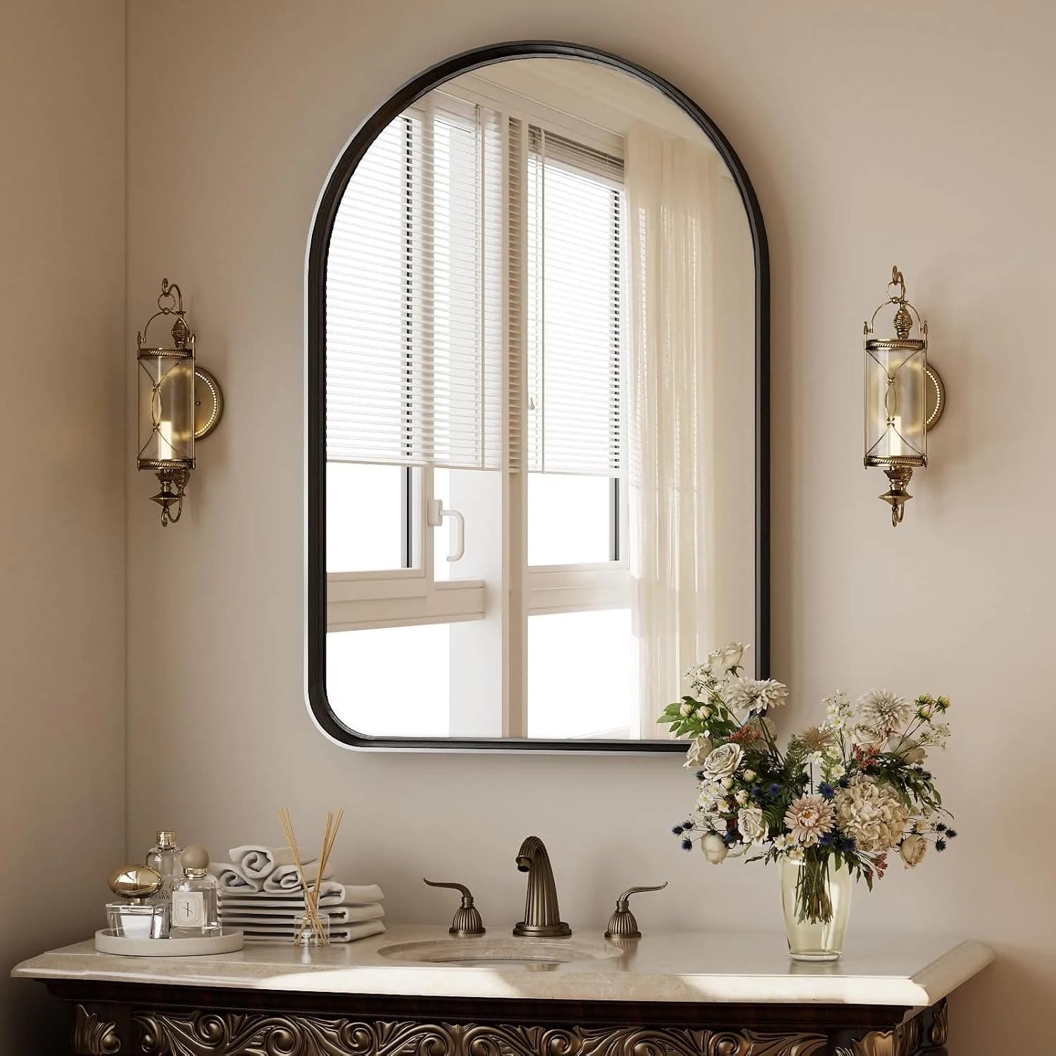 36"x24" Arched Bathroom Mirror - Modern Black Mirror for Wall with Rounded Corners, Bathroom Mirror for Vanity, Aluminum