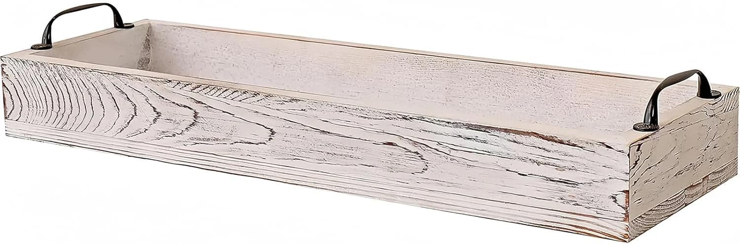 Rustic Wooden Serving Trays Rectangular with Handle,Ottoman Tray for Living Room 16 Inch Long for Serving Wine(whitewash