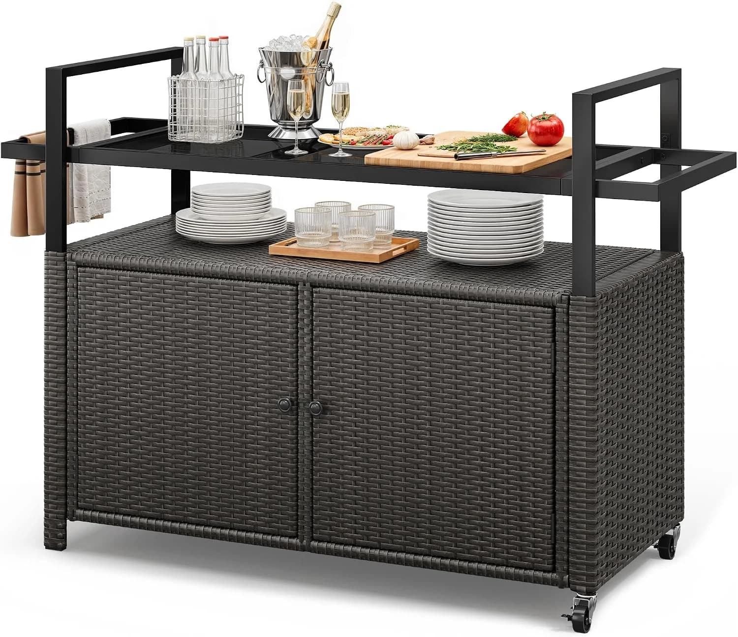 YITAHOME XL Outdoor Wicker Table with Storage Cabinet, Glass Table Top