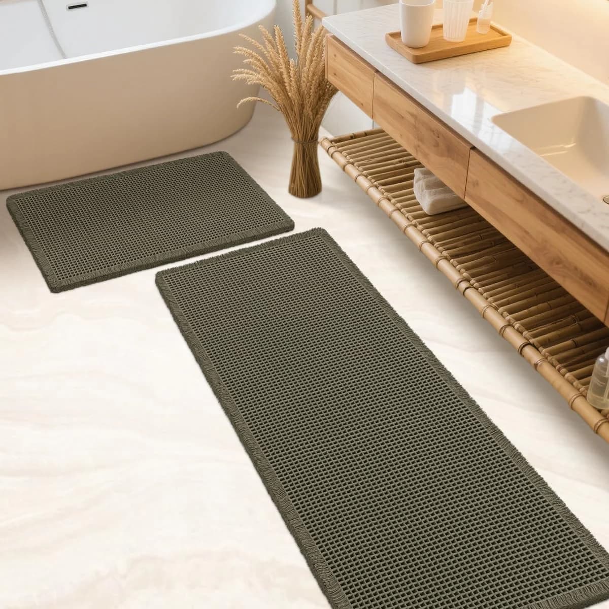 IM HOME Waffle Bath Mat Set 2 Piece Olive Green,Woven Modern Bath Rug Mats, Absorbent Non Slip Bath Floor Mat, Soft Wash