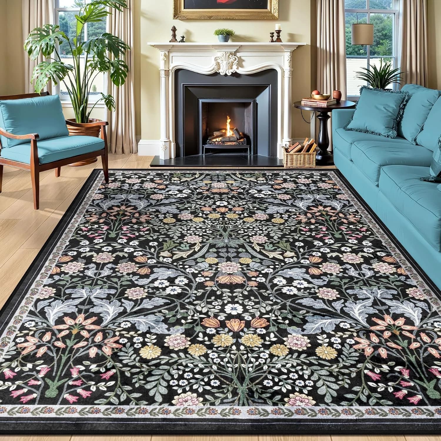 PLHXFR 8x10 Area Rug Living Room: Floral Washable Boho Carpet Dark Black