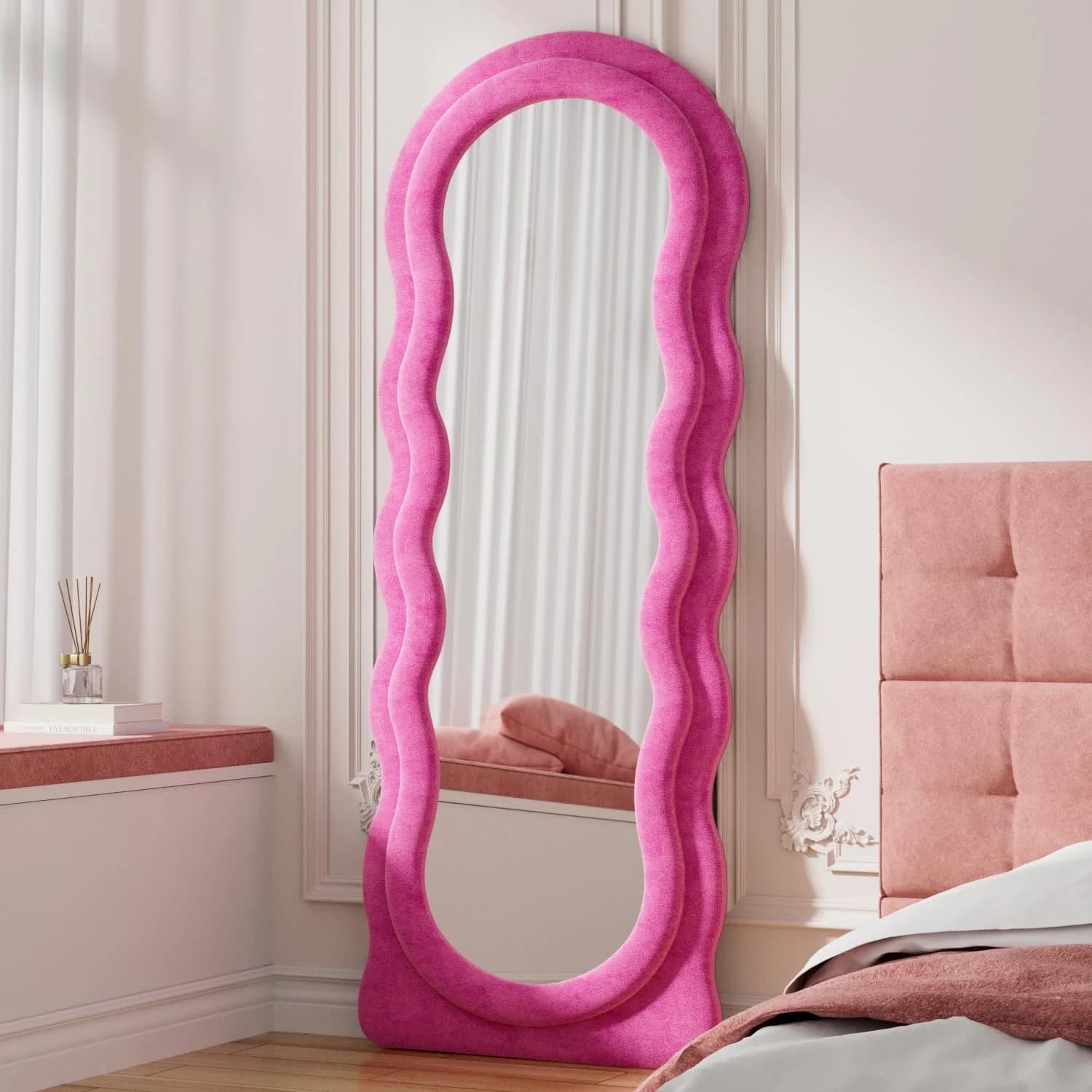 Rowjut Full Length Mirror, 63" × 24" Pink Wavy Velvet Mirrors